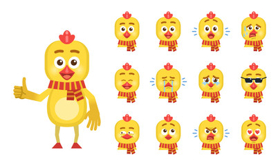 Obraz premium Set of cartoon chicken character emoticons. Chicken avatars showing different facial expressions. Happy, sad, cry, surprised, tired, angry, in love and other emotions. Vector illustration