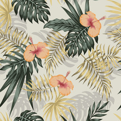 Green gold plants hibiscus seamless beige background