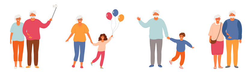 Set of healthy active lifestyle seniors. Elderly people characters. Modern Grandfather And Grandmother.