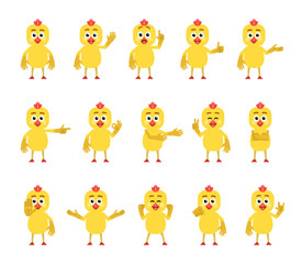 Set of cartoon chicken characters showing diverse hand gestures. Funny chicken pointing, greeting, showing thumb up, stop hand and other gestures. Simple vector illustration