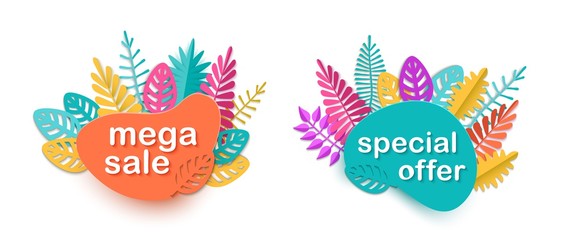 Summer spring autumn sale, Set of ad banners with text Mega Sale and Special Offer, bright colorful leaves isolated on white background in paper cut style, seasonal design