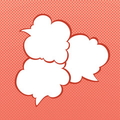 Three speech Bubbles on Coral Pop Art Background with Dots , Conversation on Halftone Retro Style Background, Vector Illustration