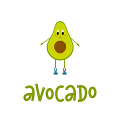 Cute avocado character with hand lettered word.