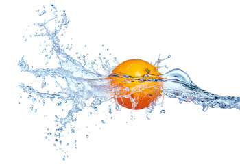 fresh orange fruit in water splash isolated on white background