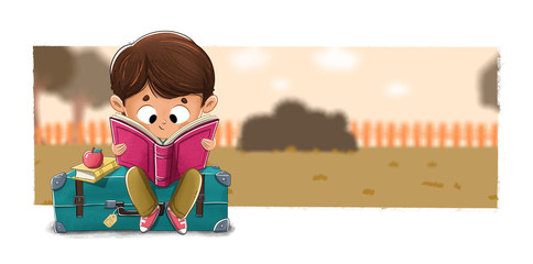 Niño leyendo sentado en una maleta en el parque - obrazy, fototapety, plakaty