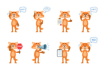 Set of cartoon fox characters posing in different situations. Cheerful fox talking on phone, thinking, surprised, angry, holding stop sign, loudspeaker, document, clipboard. Flat vector illustration