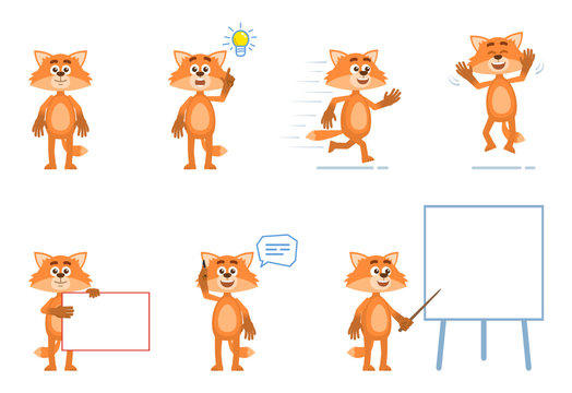 Set of cartoon fox characters posing in different situations. Cheerful fox pointing up, running, jumping, talking on phone, holding banner, pointing to whiteboard. Flat vector illustration
