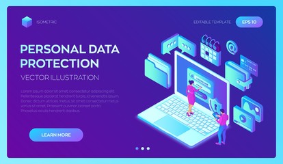 Obraz premium Data protection. Laptop with authorization form on screen, personal data protection. User male and female character. Data access, login form on screen. 3d isometric design. Vector illustration.