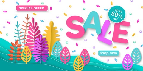 Spring, summer or autumn sale, bright advertising banner with colorful leaves, layered texture in the style of paper cut, volumetric inscription Sale, horizontal background, vector illustration