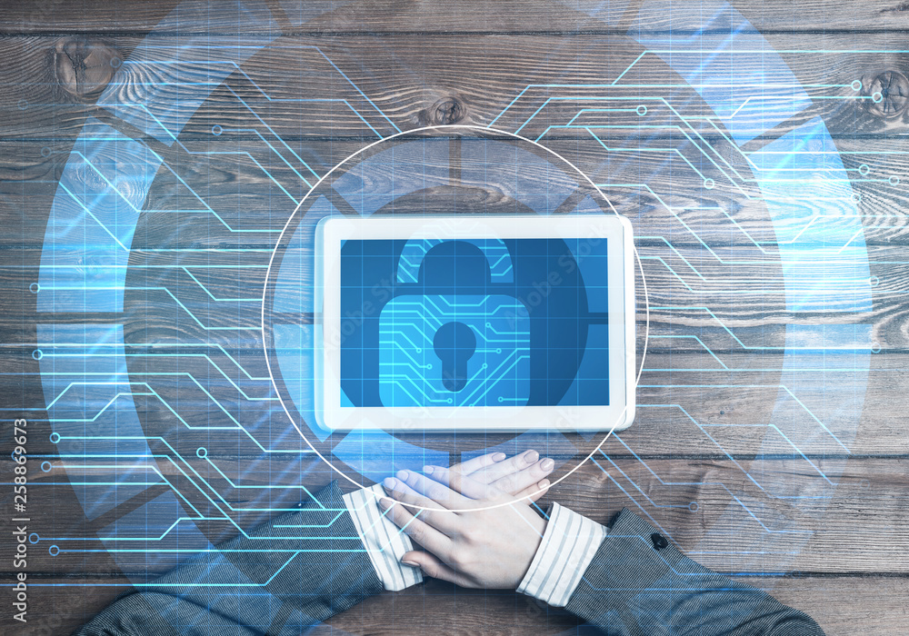 Poster concept of computer access with media lock icon on tablet screen