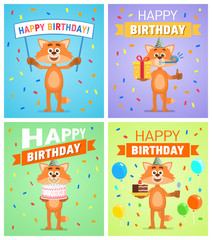 Set of different birthday posters. Birthday greeting card, placard. Cheerful cartoon fox character holding gift box, present, cake, pie, banner. Birthday celebration. Flat vector illustration