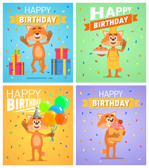 Set of different birthday posters. Birthday greeting card, placard. Cheerful cartoon fox character holding balloons, cake, pie, cupcake. Birthday celebration. Flat vector illustration