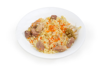 Cooked pilaf on dish on a white background