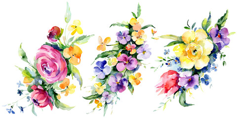 Bouquets floral botanical flowers. Watercolor background illustration set. Isolated bouquet illustration element.