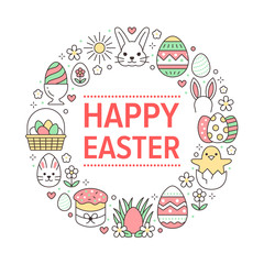 Easter card circle template with flat line icons. Colored eggs, basket, egg hunt, rabbit, spring flowers, cake round vector illustration. Thin signs poster for christianity celebration
