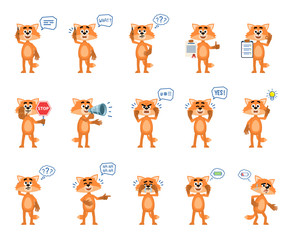 Set of cartoon fox characters showing diverse actions, emotions. Funny fox talking on phone, thinking, angry, crying, laughing, holding loudspeaker and doing other actions. Simple vector illustration