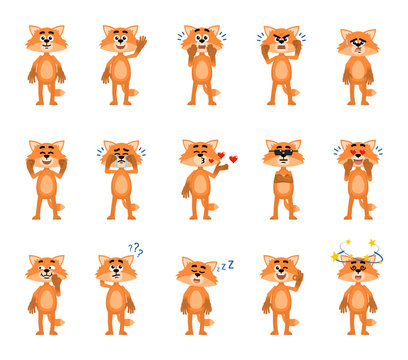 Set of cartoon fox characters showing diverse emotions. Funny fox laughing, crying, angry, tired, sleepy, thinking, dazed and showing other emotions. Simple vector illustration