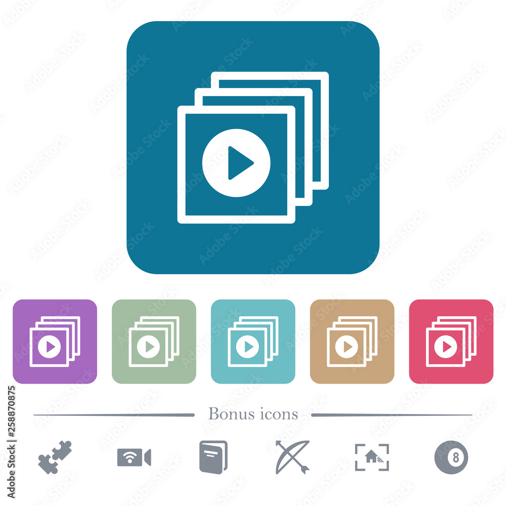 Aufkleber play files flat icons on color rounded square backgrounds