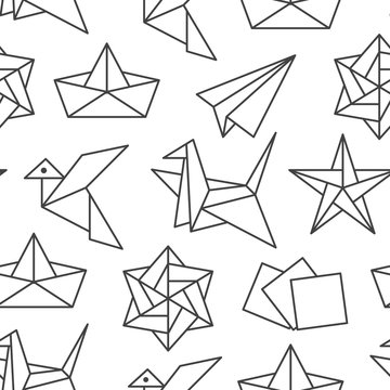 Origami seamless pattern with flat line icons. Paper cranes, bird, boat, plane vector illustrations. Monochrome background black white color thin signs for japanese creative hobby