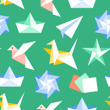 Origami seamless pattern with flat icons. Paper cranes, bird, boat, plane vector illustrations. Colored background green, red, yellow, white color signs for japanese creative hobby
