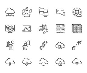 Cloud data storage line icons set. Database, information storage, server center, global network, backup, download vector illustrations. Technology thin signs. Pixel perfect 64x64. Editable Strokes