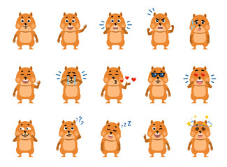 Set of cartoon hamster characters showing various emotions. Funny hamster laughing, surprised, crying, serious, dazed, sleepy, thinking, in love and showing other emotions. Flat vector illustration