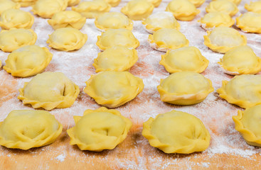 Raw homemade meat dumplings laid out on floured cutting board