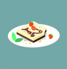 Bitten chocolate dessert on a white plate. Illustration of a square cake with different layers of chocolate with strawberries. Milk chocolate jelly isolated on a layer. Vector sweets food