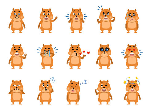 Set of cartoon hamster characters showing various emotions. Funny hamster laughing, surprised, crying, serious, dazed, sleepy, thinking, in love and showing other emotions. Flat vector illustration
