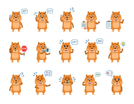 Set of cartoon hamster characters showing various actions, emotions. Funny hamster talking on phone, laughing, crying, holding document, clipboard and doing other actions. Simple vector illustration