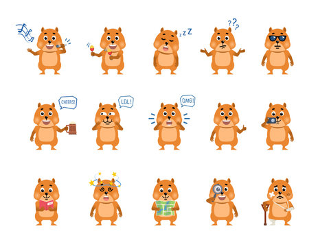 Set of cartoon hamster characters showing various actions, emotions. Funny hamster singing, celebrating, laughing, dazed, holding map, magnifier and doing other actions. Simple vector illustration