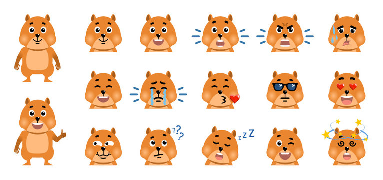 Set of cartoon hamster emoticons. Funny hamster avatars showing various facial expressions. Happy, sad, angry, laugh, surprised, serious, dazed, sleepy and other emotions. Flat vector illustration
