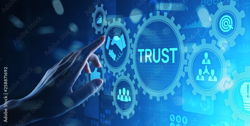 Poster trust customer relations reliability business concept. pointing and pressing on virtual screen.