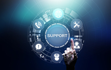 Support button on virtual screen. Customer service and communication concept.