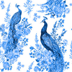 Seamless pattern for fabric in blue tones .Birds, peacocks and flowers .watercolor illustration