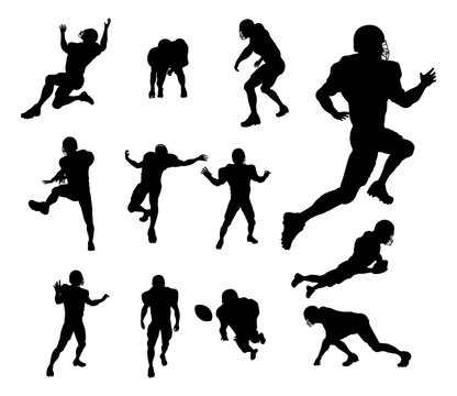 A set of detailed silhouette American Football players in lots of different poses
