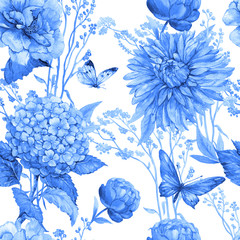 Seamless pattern for fabric,Wallpaper in blue tones .flowers and butterflies .watercolor illustration - 258871848