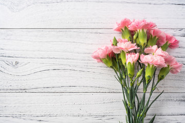 top view of carnation on white wooden background