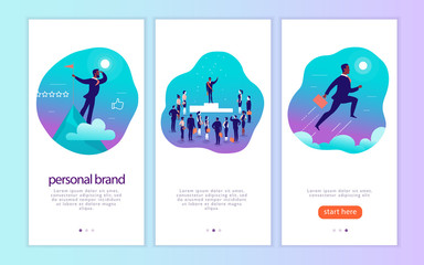 Vector mobile app interface concept design with man's personal brand theme. Victory metaphor for successful businessman. Landing page, UI site template design. Web banner, mobile app illustration.