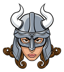A mean looking Viking woman warrior cartoon character or sports mascot 