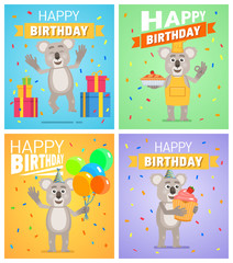 Set of different birthday posters. Birthday greeting card, placard. Cheerful cartoon koala character holding balloons, cake, pie, cupcake. Birthday celebration. Flat vector illustration