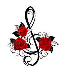 Black musical key with red roses
