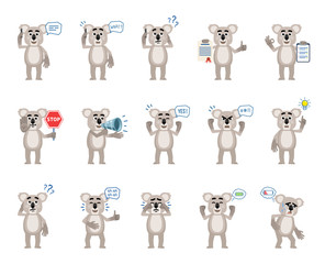 Set of cartoon koala characters showing diverse actions, emotions. Funny koala talking on phone, angry, surprised, holding loudspeaker, document and doing other actions. Simple vector illustration © paper_owl