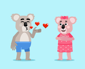 Cheerful koala sends air kiss to his girlfriend. Love concept. Simple vector illustration