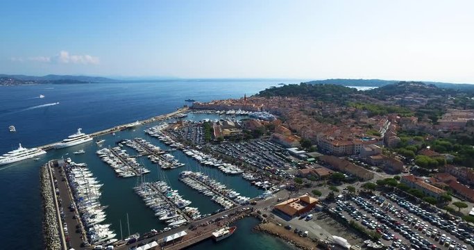 Aerial view of the old harbor of Saint-Tropez with luxury yachts