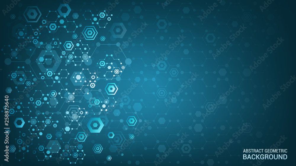 Poster vector. abstract geometric background. scientific and technological concept. glowing colorful hexago