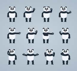 Obraz premium Set of cartoon panda characters showing different hand gestures. Cheerful panda showing thumb up gesture, pointing, waving, greeting and other hand gestures. Flat vector illustration