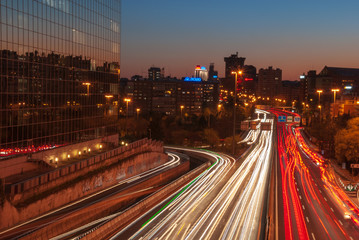 Fototapeta na wymiar Cityscape of a long exposure motorway in Madrid, Spain. Eupora