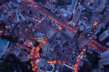 Fototapeta na wymiar aerial view of East Nanjing Road, Shanghai, China. In dawn
