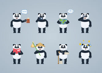 Set of cartoon panda characters posing in different situations. Cheerful panda holding mug of beer, photo camera, map, magnifier, reading a book, injured, feeling dizzy. Flat vector illustration